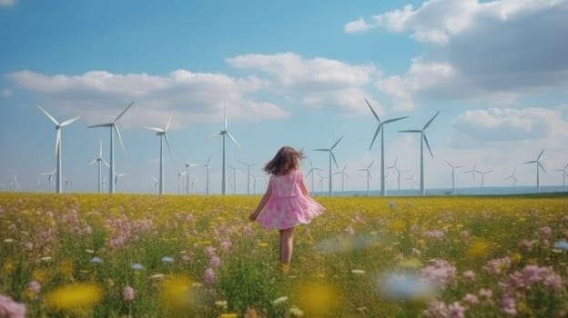 Adorable girl standing in wind turbine field. Green alternative energy, Generative AI.