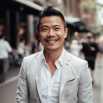 Asian man wearing a light grey blazer is photographed in an urban setting, generative AI - AI generated