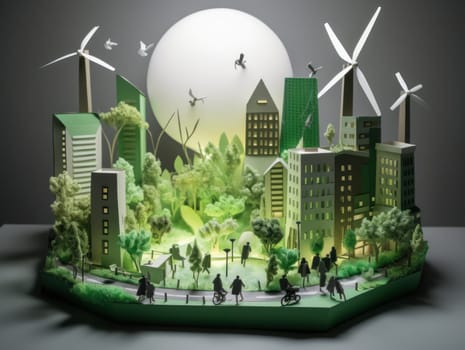 Green energy and sustainable concept, electric car and green city paper cut art. Generative AI.