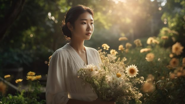 Young asian woman in a lush garden - Genarative AI, AI generated