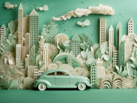 Green energy and sustainable concept, electric car and green city paper cut art. Generative AI.