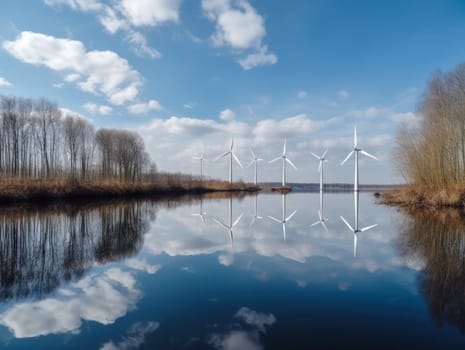 Turbines next to the river. Green energy and eco environment concept. Generative AI.