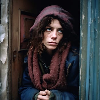 Young homeless woman, dressed in layers of ragged clothing, generative AI - AI generated
