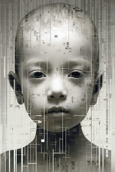 Pixelated child portrait in white and grey tones - generative AI - AI generated