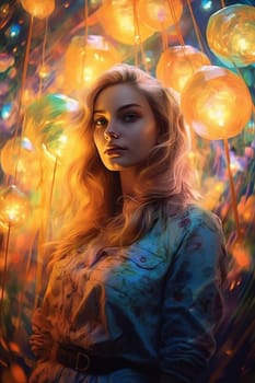 Woman portrait with magical colored lights, generative AI - AI generated