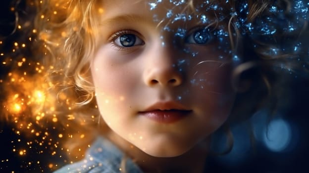 Fantasy portrait of a cute child with fairy lights - generative AI - AI generated