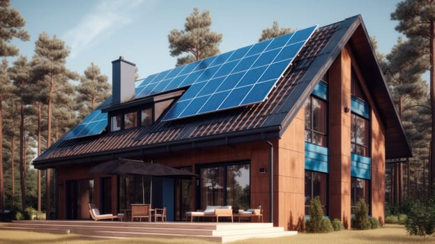 Alternative green energy, solar panels on the roof top of the house. Generative AI.