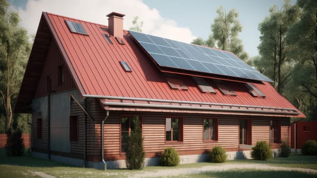 Alternative green energy, solar panels on the roof top of the house. Generative AI.