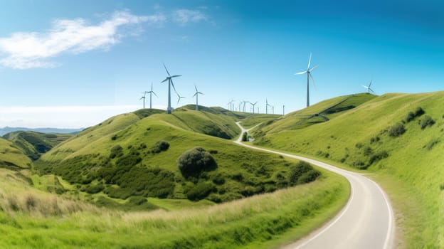 Wind turbines on the hill. green alternative energy. Generative AI.