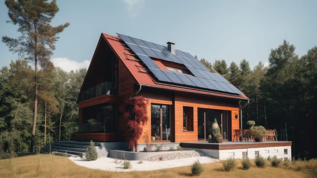 Alternative green energy, solar panels on the roof top of the house. Generative AI.