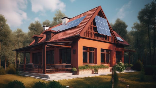 Alternative green energy, solar panels on the roof top of the house. Generative AI.