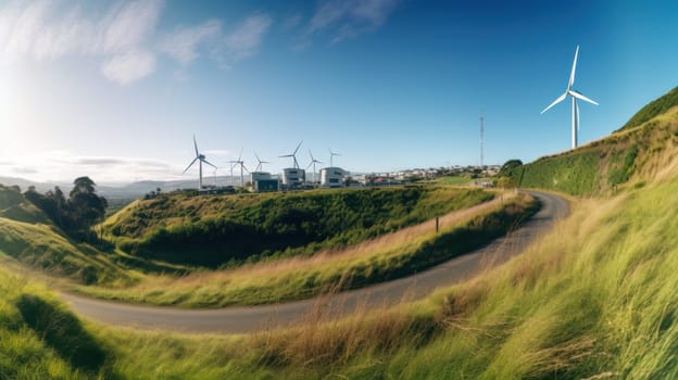 Wind turbines on the hill. green alternative energy. Generative AI.