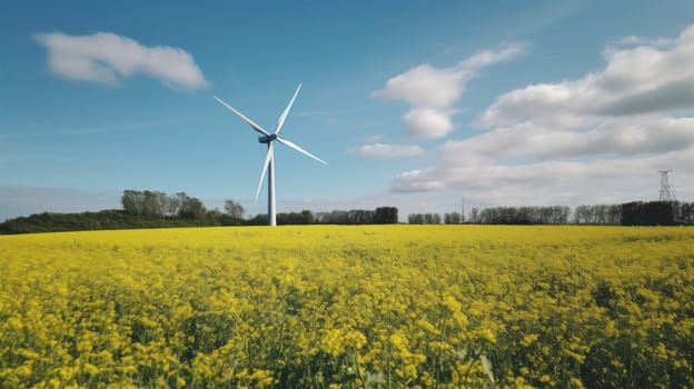 Wind turbine in a yellow flower field, Alternative energy. Generative AI.