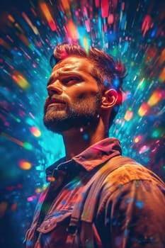 Man portrait - magical colored lights, generative AI, AI generated