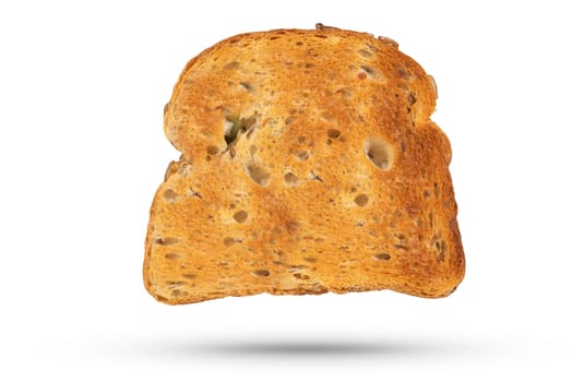 Isolate of one slice of white bread. Toasted whole grain bread from a toaster isolated on a white background. The concept of baking, cutting or eating bread products. High quality photo