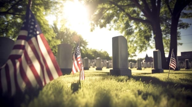 US Flag at Military Cemetery on Veterans Day or Memorial Day. Concept National holidays, Flag Day, Veterans Day, Memorial Day, Independence Day, Patriot Day. Generative AI