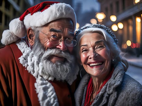 Happy Santa Claus with Mrs. Claus smiling at the camera outdoors in snowfall. Christmas spirit. Generative Ai.