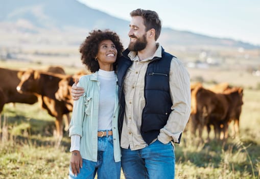 Happy, cow and love with couple on farm for agriculture, nature and growth. Teamwork, animals and hug with man and woman in grass field of countryside for sustainability, cattle and environment.