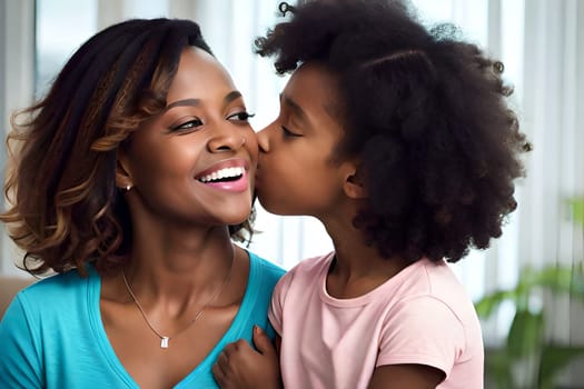 Close up of beautiful daughter kissing mother on cheek at home. African little girl giving kiss to happy mother. Lovely black female child kissing cheerful and proud woman on cheek for mother's day.