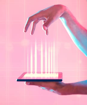 Connection, social network and hands with a tablet for ux, communication and internet on a pink background. Website, media and person with neon screen of technology for contact, networking and app.