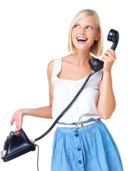 Woman is happy with telephone call, smile with communication and virtual chat isolated on white background. Happiness, retro technology and young female face with mockup space, vintage and connection.