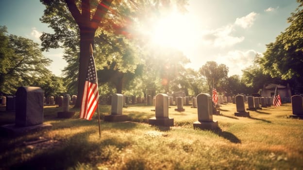 US Flag at Military Cemetery on Veterans Day or Memorial Day. Concept National holidays, Flag Day, Veterans Day, Memorial Day, Independence Day, Patriot Day. Generative AI
