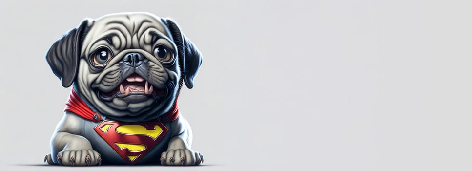 Banner of cute funny pug puppy wearing super hero costume on light background. Halloween costume. Space for text. Generative Ai