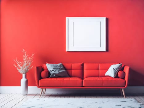 Blank frame mockup for artwork or print on pastel red wall with red couch, copy space. Interior design. Generative Ai