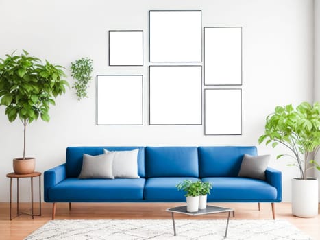 Six blank frames mockup for artwork or print on white wall with blue couch eucalyptus green plants in vase, copy space. Interior design. Generative Ai