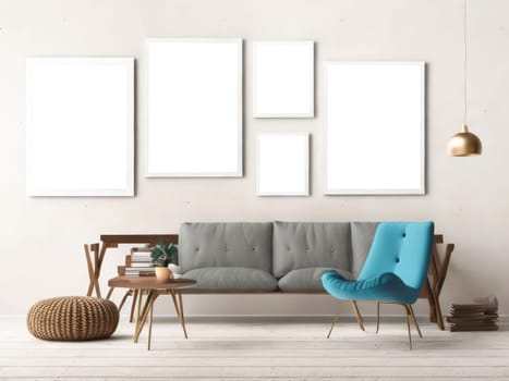 Nine blank frames mockup for artwork or print on white wall with beige couch. Scandinavian style. copy space. Interior design. Generative Ai