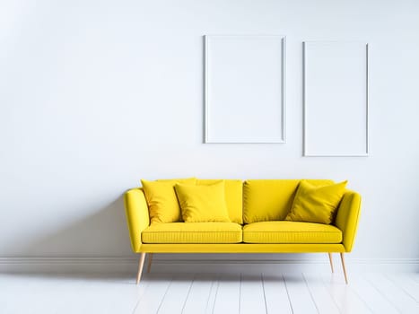 Blank frame mockup for artwork or print on white wall with yellow couch, copy space. Interior design. Generative Ai