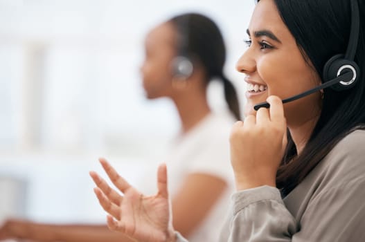 Call center, smile and consultant talking, consulting and working in crm communication at telemarketing company. Support, happy and face of young customer service worker giving help to people online.