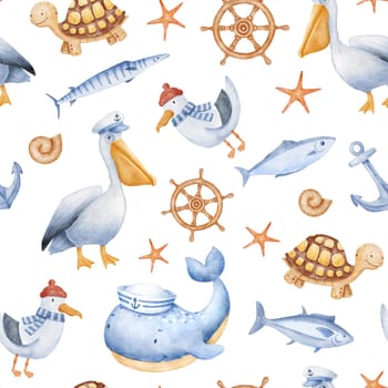 Cute watercolor nautical seamless pattern with sea animals characters. Funny ocean background for kids