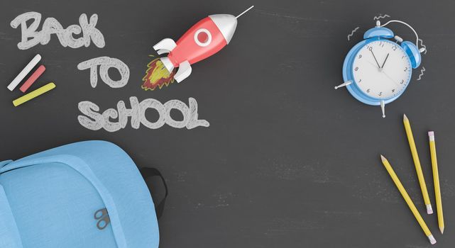 blackboard with the phrase Back To School written with chalk. alarm clock, rocket and backpack on top. concept of education, back to school and learning. 3d rendering