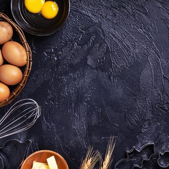 Design concept of making Halloween cookies, baking recipe ingredients layout of preparing party, top view, flat lay, overhead, blank copy space.
