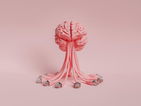 brain with network cables hanging from it in minimal concept of internet, artificial intelligence and learning. 3d rendering