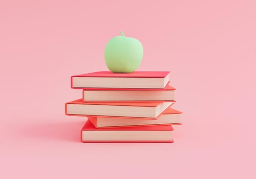 pile of books with an apple on top. minimal learning concept, ideas and back to school. 3d rendering