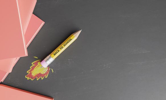 pencil rocket on a blackboard with drawn fire and books around. concept of education, learning and back to school. 3d rendering