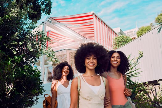 Black women, friends and summer relax, vacation and break together in san francisco. Happy, young and female group at holiday house of fun, happiness and freedom in traveling, trip and tourism resort.