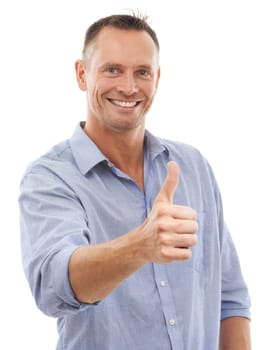 Thumbs up, studio portrait and man with hand for support, yes or like emoji isolated on a white background. Happy model person with sign or icon for thank you, vote or review for winning motivation.