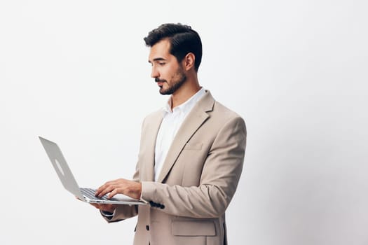 man shirt happy model suit computer internet cyberspace smiling using freelancer job adult person business laptop notebook copyspace young typing office