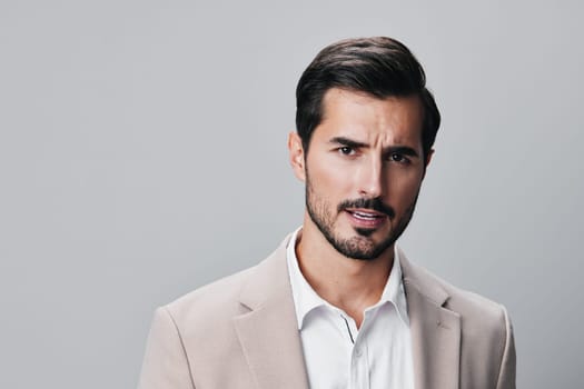 stylish man portrait smile suit smiling background isolated posing businessman handsome model male business person folded happy beige entrepreneur copyspace standing