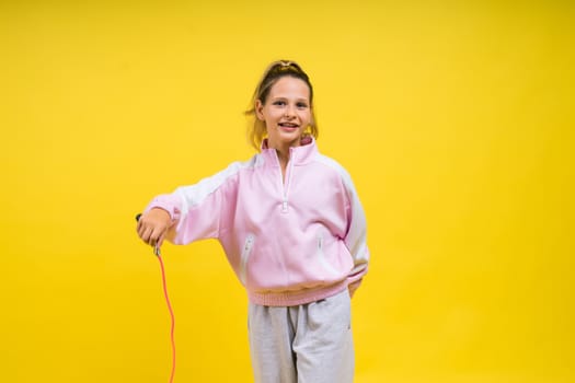 Adorable female child with skipping rope jumping in a studio