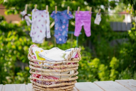 washing baby clothes. Linen dries in the fresh air. Selective focus. nature.