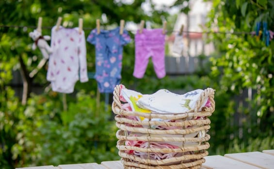 washing baby clothes. Linen dries in the fresh air. Selective focus. nature.