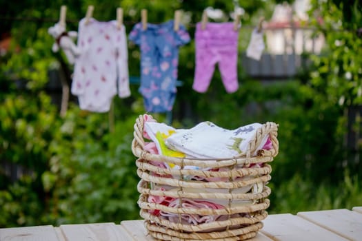 washing baby clothes. Linen dries in the fresh air. Selective focus. nature.