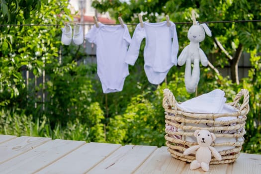 washing baby clothes. Linen dries in the fresh air. Selective focus. nature.
