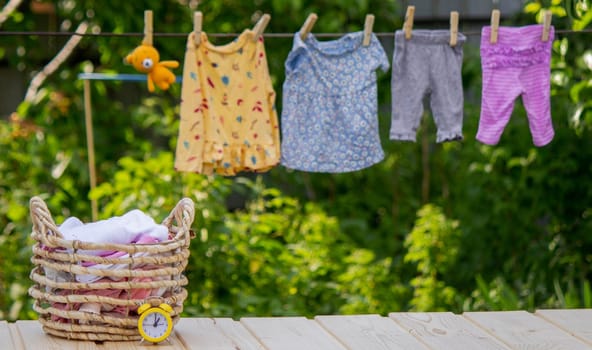 washing baby clothes. Linen dries in the fresh air. Selective focus. nature.