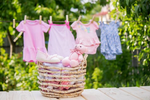 washing baby clothes. Linen dries in the fresh air. Selective focus. nature.
