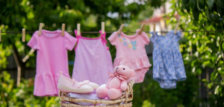 washing baby clothes. Linen dries in the fresh air. Selective focus. nature.